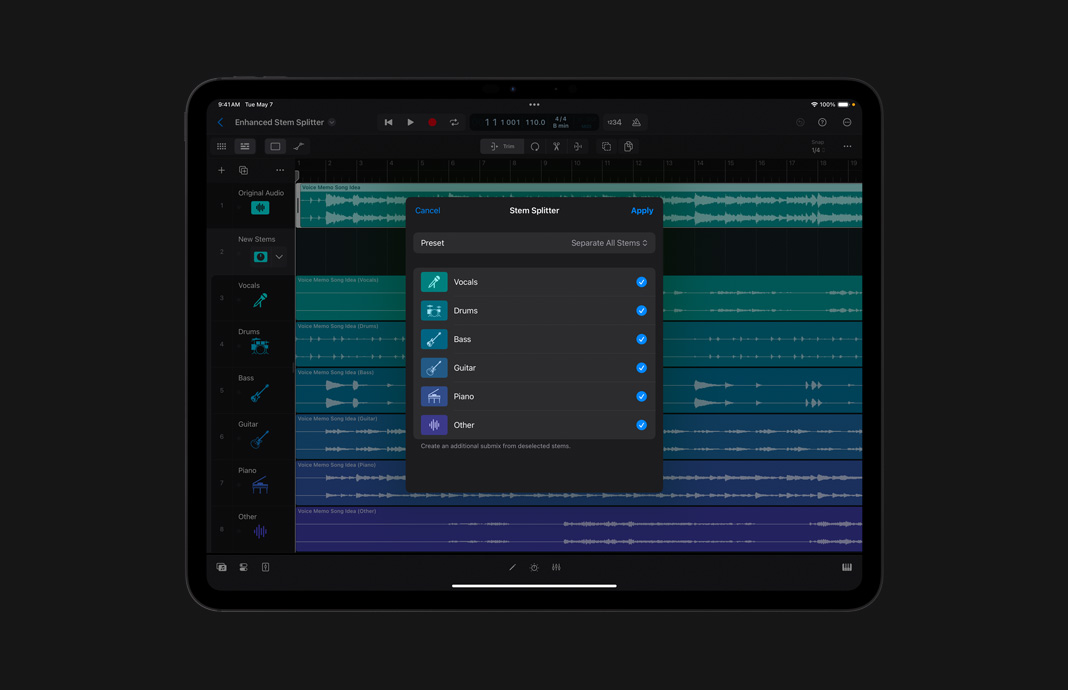 Interface da janela do Stem Splitter com uma lista de opções predefinidas, como Vocals, Drums, Bass, Guitar, Piano e Other, com ícones ao lado de cada nome.