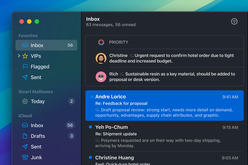 عرض إحدى ميزات Apple Intelligence، وهي ميزة الرسائل ذات الأولوية في تطبيق البريد