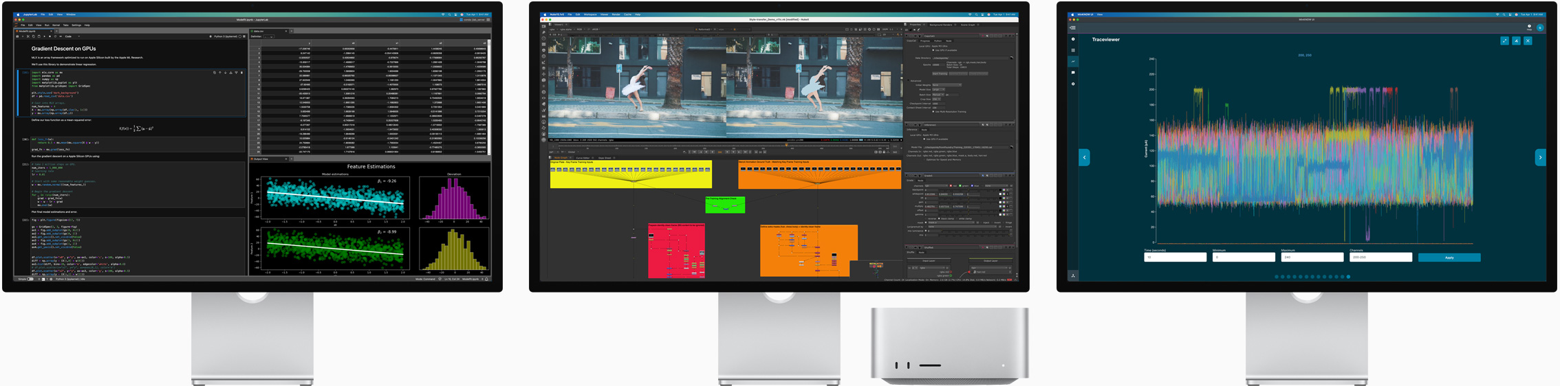 Mac Studio e três monitores Studio Display, cada um com um app para macOS diferente na tela.