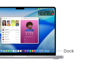 A tour of macOS navigation on MacBook Pro 14" with lines indicating the location of the Dock.