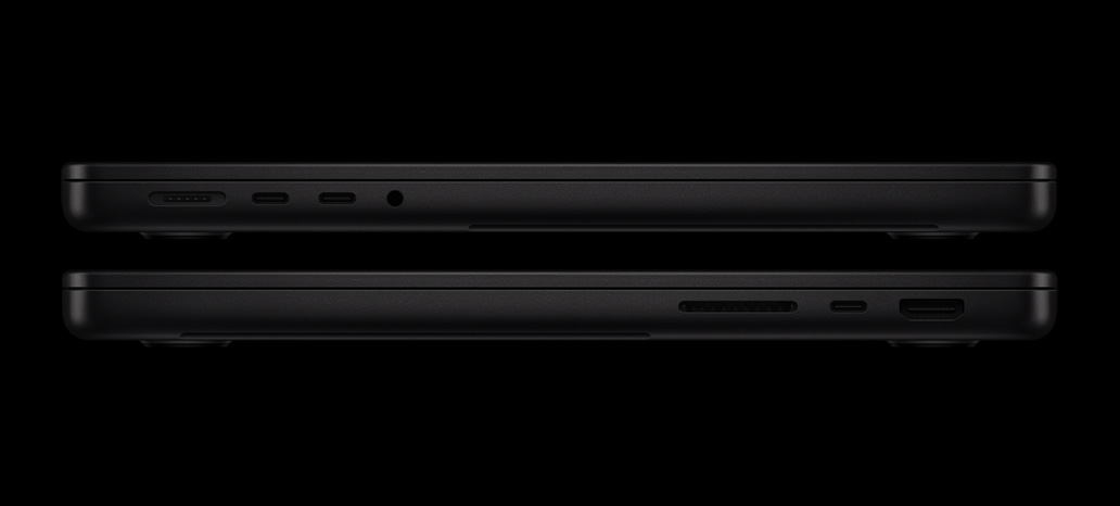 Showing the ports on MacBook Pro — left side: MagSafe, two Thunderbolt ports, and headphone jack — right side: SDXC, one Thunderbolt port, and HDMI