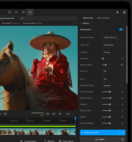 En MacBook Pro-skärm som visar en video som förbättras med hjälp av AI i Topaz Video