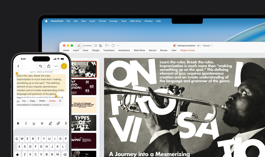 iPhone 16 Plus 顯示備忘錄 app 中重點標示文字；MacBook Pro 顯示一張 Keynote 幻燈片，上面顯示在備忘錄 app 中重點標示的文字