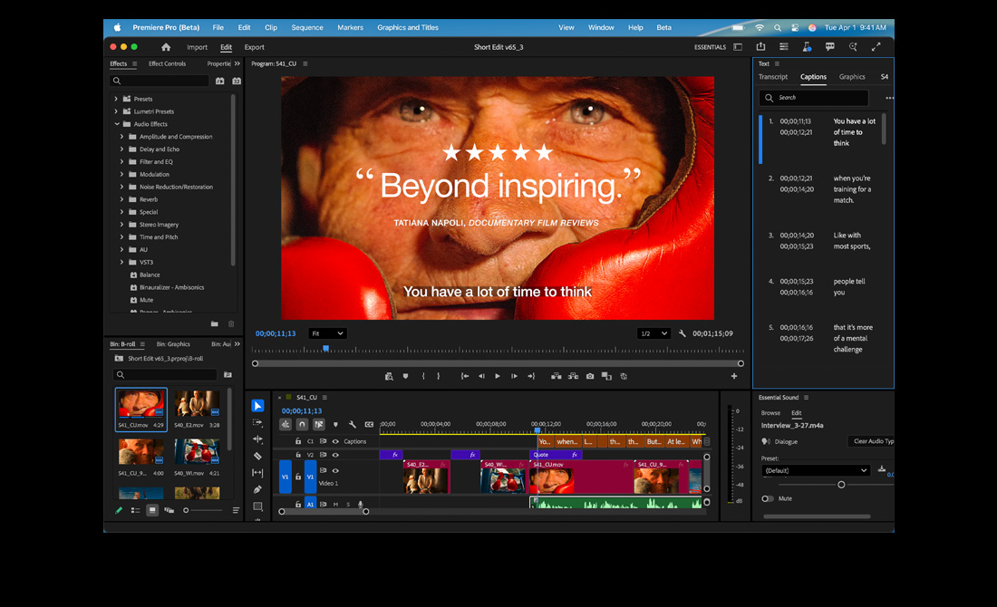 En MacBook Pro-skärm som visar redigering av en film med titeln Eternal Play i Adobe Premiere Pro