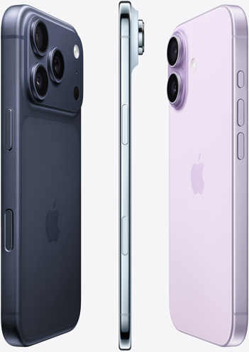صورة لجهة الكاميرا في iPhone 17 Pro باللون النيلي العميق، والجهة الجانبية لجهاز iPhone Air باللون الأزرق السماوي، والجهة الخلفية لجهاز iPhone 17 باللون الليلكي الناعم، والأجهزة معروضة على شكل مروحة.