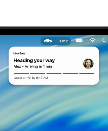 Partie supérieure de l’écran d’un Mac montrant la barre des menus avec un événement en direct agrandi pour Uber Eats