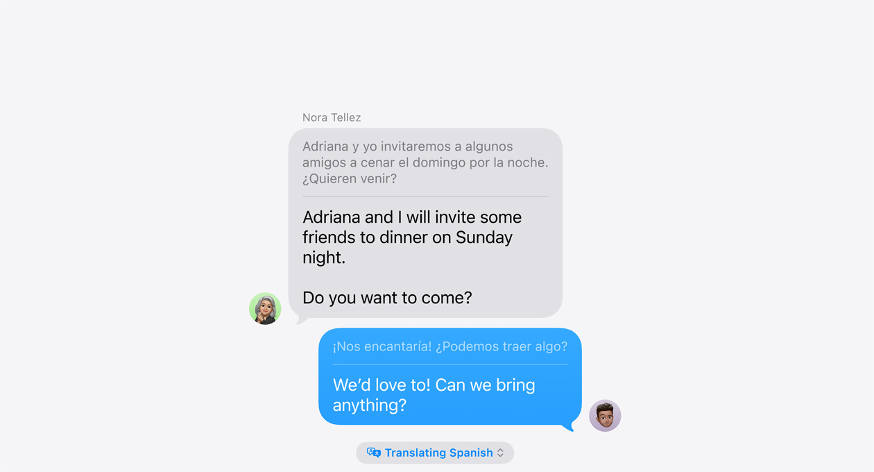 Penerjemahan Langsung di Pesan, yang menunjukkan contoh terjemahan otomatis antara bahasa Spanyol dan Inggris