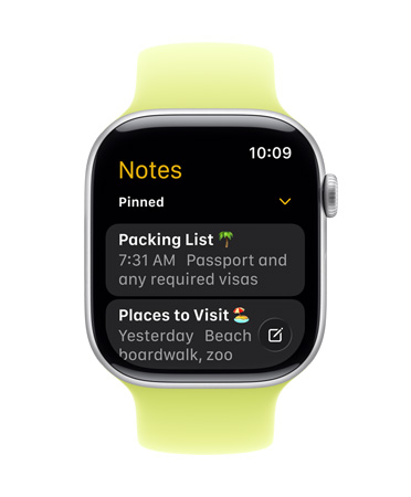 Apple Watch in Silver with braided strap in Peony, face shows Notes app, with two Pinned notes
