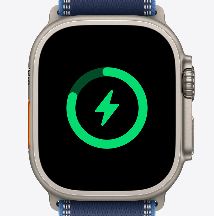 Apple Watch Ultra 3, titanium case, natural colour, battery charging icon, Trail Loop, blue/bright blue colour