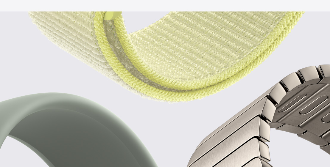 Apple Watch bands: Solo Loop, green grey colour, Sport Loop, neon yellow colour, Link Bracelet, natural colour