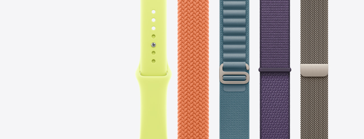 Apple Watch straps: Sport Band, neon yellow colour, Braided Solo Loop, turmeric colour, Alpine Loop, anchor blue colour, Sport Loop, purple fog colour, Milanese Loop, natural colour
