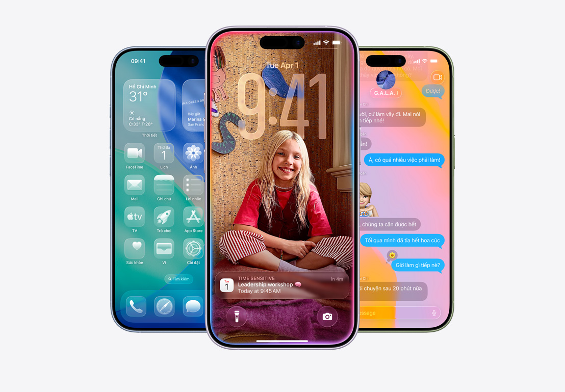 iPhone screen showing call screening pop-up, iPhone screen showing Calendar pop-up on personalized background with photo of a child, iPhone screen showing Messages with Liquid Glass design