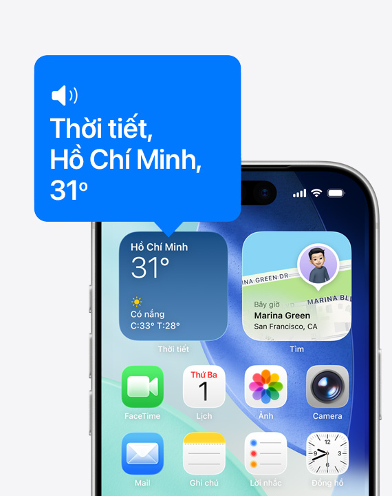 Màn hình chính của iPhone, biểu tượng tiện ích thời tiết đang được đọc to bằng tính năng VoiceOver