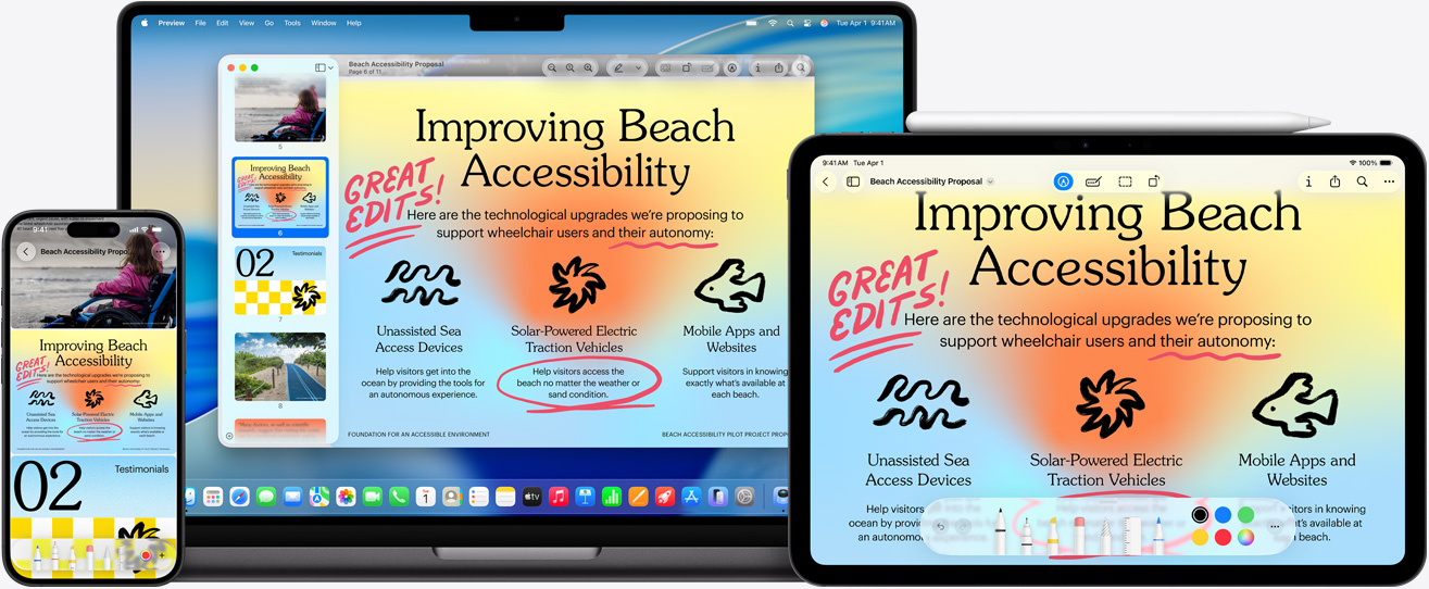 Nhiều thiết bị Apple, hiển thị cùng một hình ảnh trên mỗi thiết bị, Apple Pencil được dùng để đánh dấu hình ảnh trên iPad, những chỗ đánh dấu phản ánh trên các thiết bị khác
